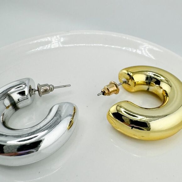 Vintage Puffy Mixed Metal Hoop Earrings Bold Statement Spherical Retro Glam - Picture 6 of 9